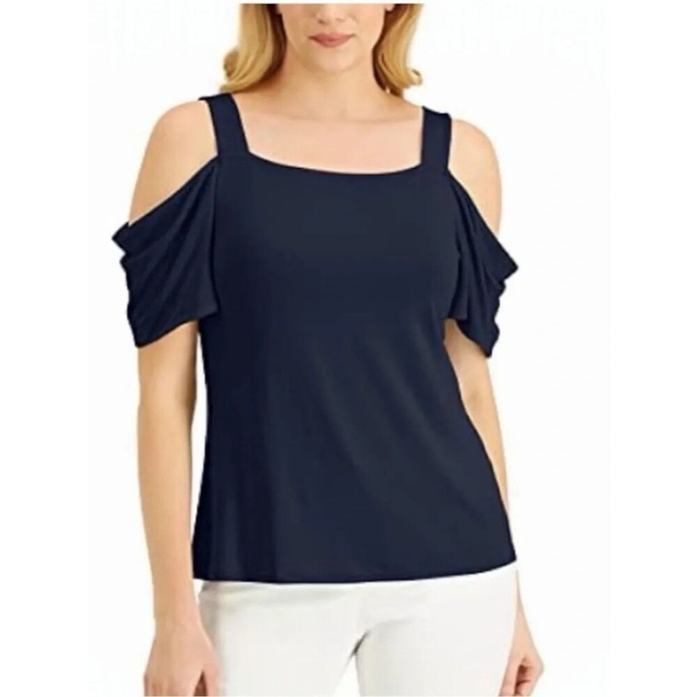 Jason Wu Navy Cold Shoulder Top  2 Capsule Elevated Casual Desk-to-Dinner